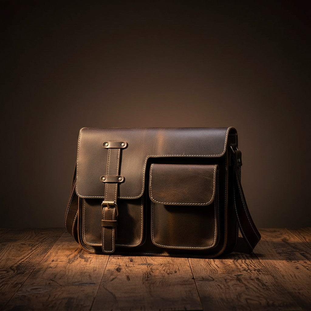 Barcon Getta Inc dark brown full grain leather messenger bag with buckle closure and multiple pockets.