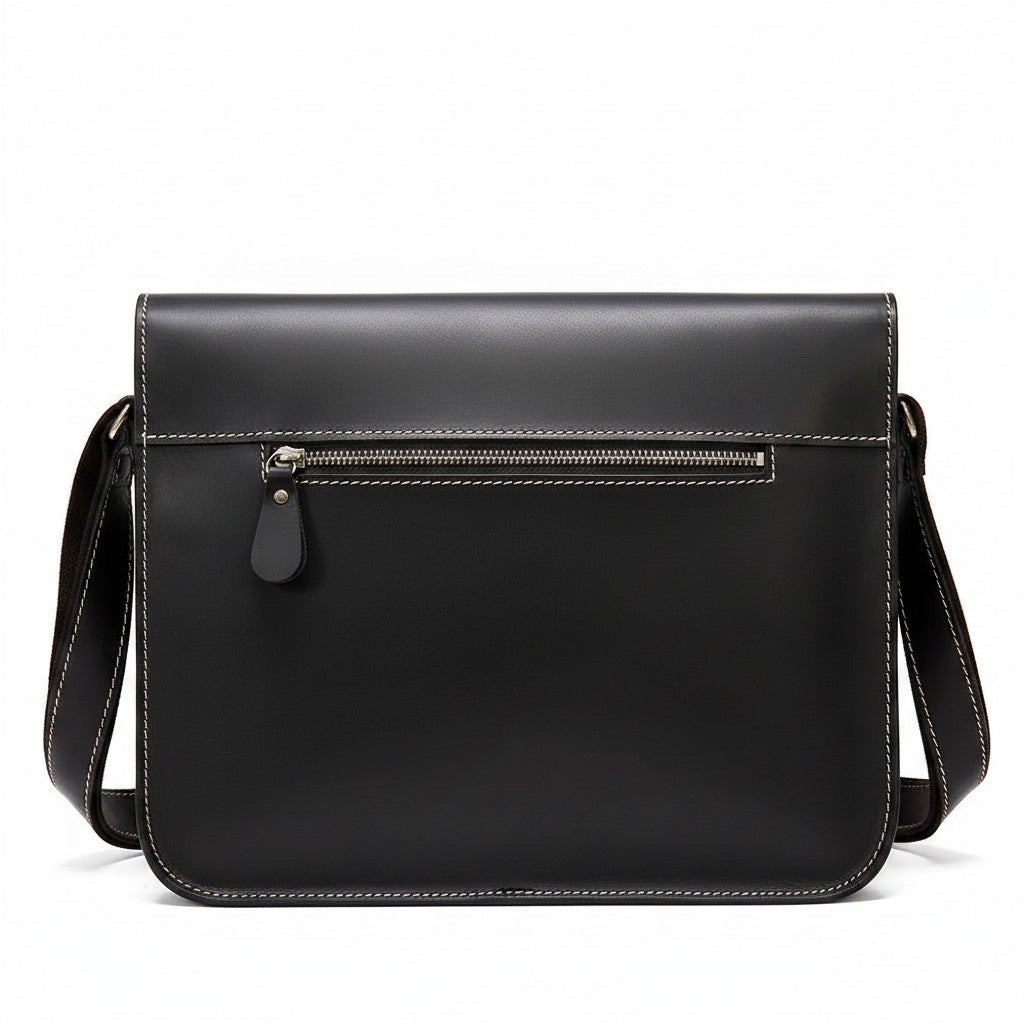 Barcon Getta Inc dark brown full grain leather messenger bag with zipper pocket and adjustable strap.