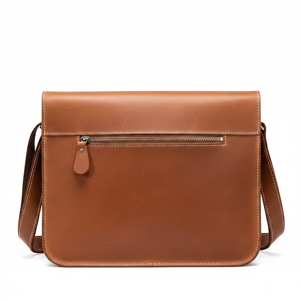 Barcon Getta Inc dark brown full grain leather messenger bag with multiple pockets and adjustable strap.