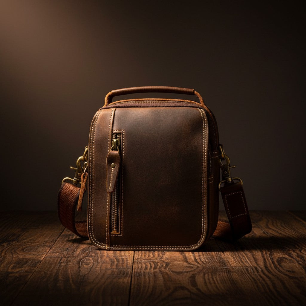 Barcon Getta Inc dark brown full grain leather shoulder bag with multiple zipper pockets and top handle.