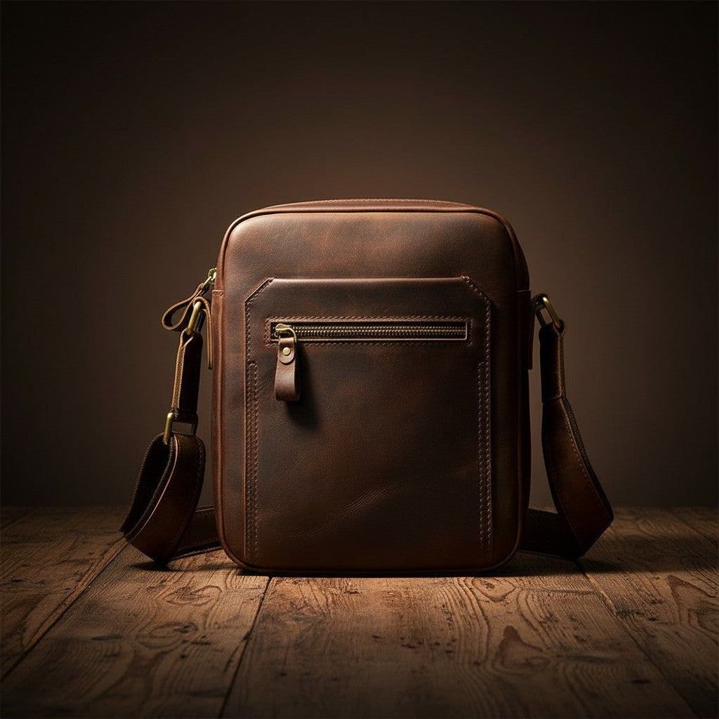 Barcon Getta Inc dark brown full grain leather TRACKSIDE shoulder bag with multiple pockets and adjustable strap.