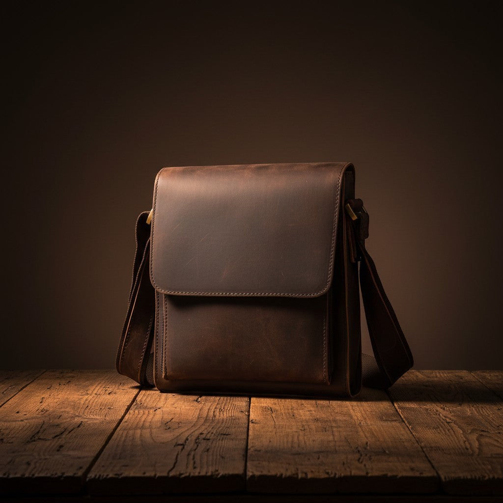 Barcon Getta Inc GRAINSIDE dark brown full grain leather shoulder bag with flap closure and multiple pockets.