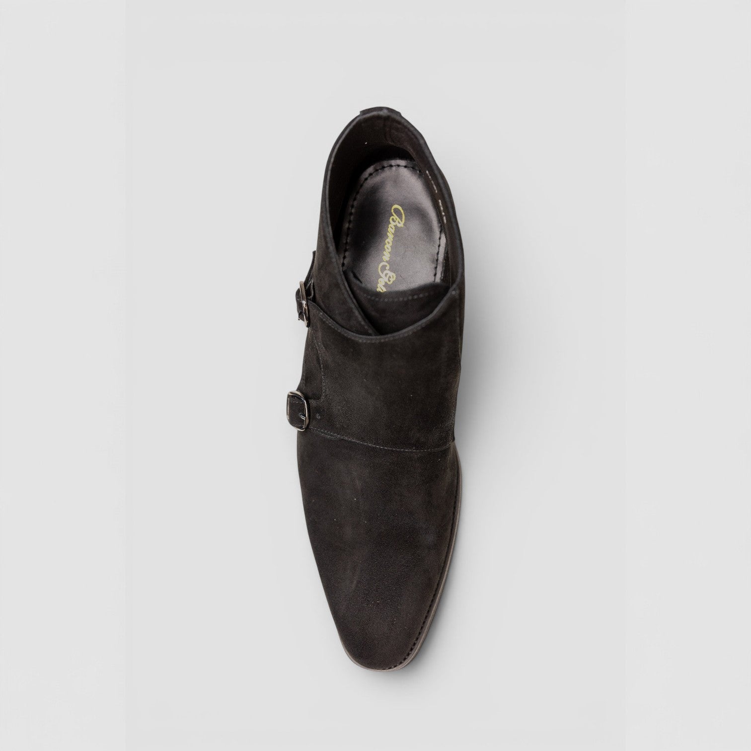 Barcon Getta Inc dark grey suede double monk strap ankle boots with polished buckles.