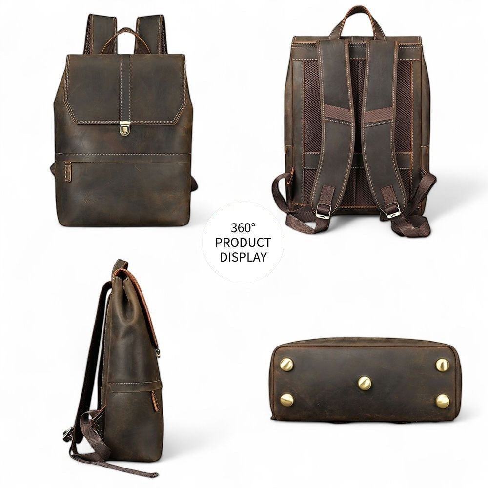 Barcon Getta Inc dark brown Ethiopian leather backpack with buckle closure, multiple pockets, and padded straps.