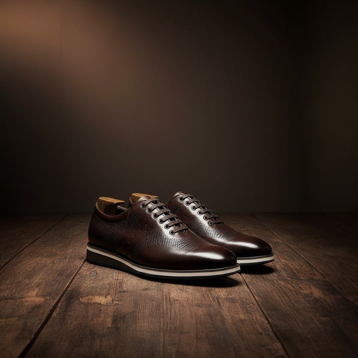 Barcon Getta Inc DESSIE CROSSOVER dark brown full grain leather dress shoes with perforated details and white midsole.