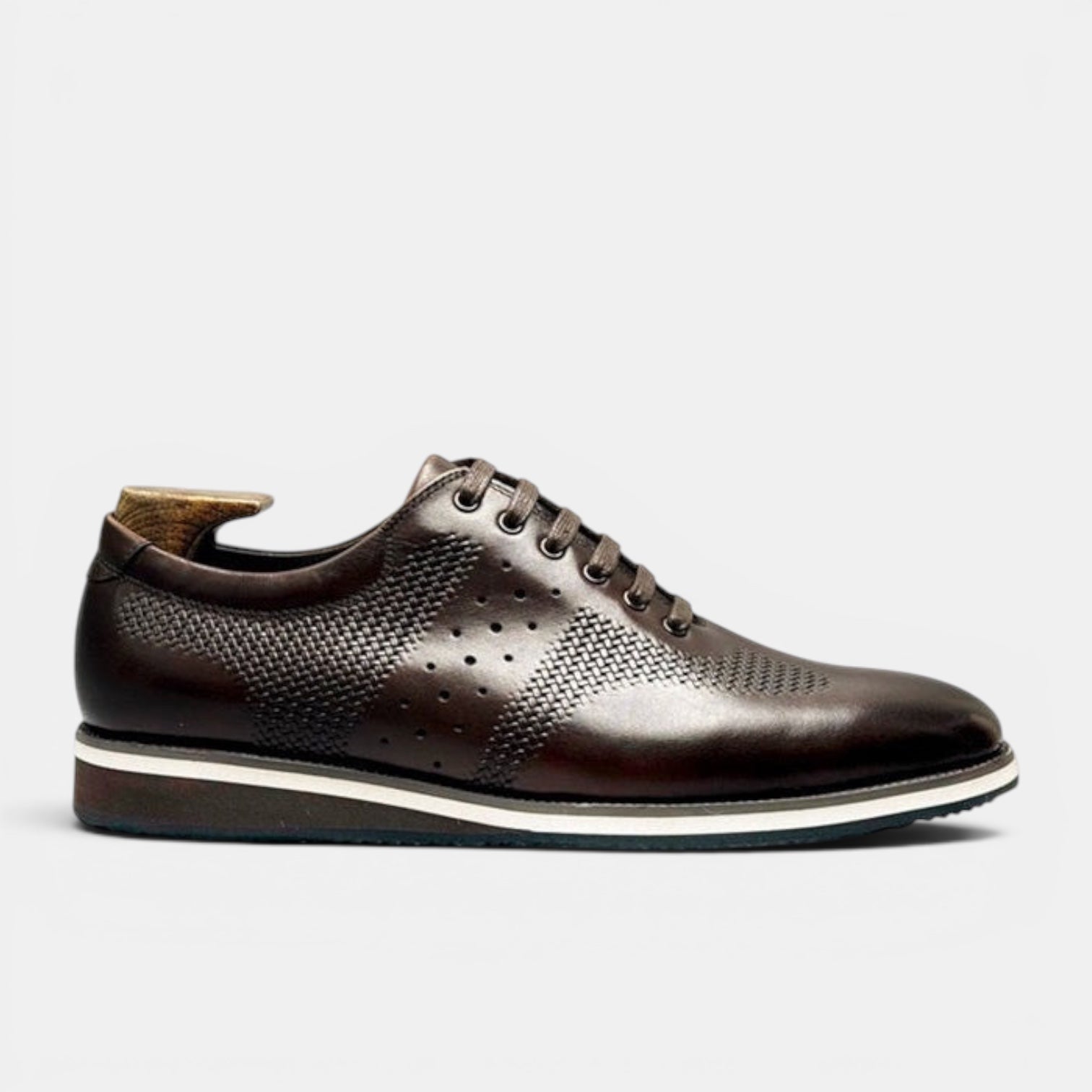 Barcon Getta Inc DESSIE CROSSOVER dark brown full grain leather dress shoes with perforated details and sneaker sole.