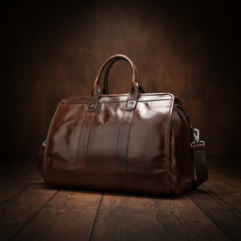 Brown leather bag on a wooden floor with a dark background