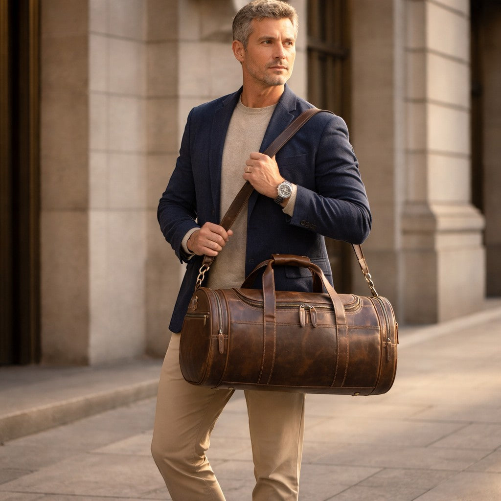 Barcon Getta Inc distressed brown full-grain leather duffel bag with contrast stitching and multiple zippered pockets.