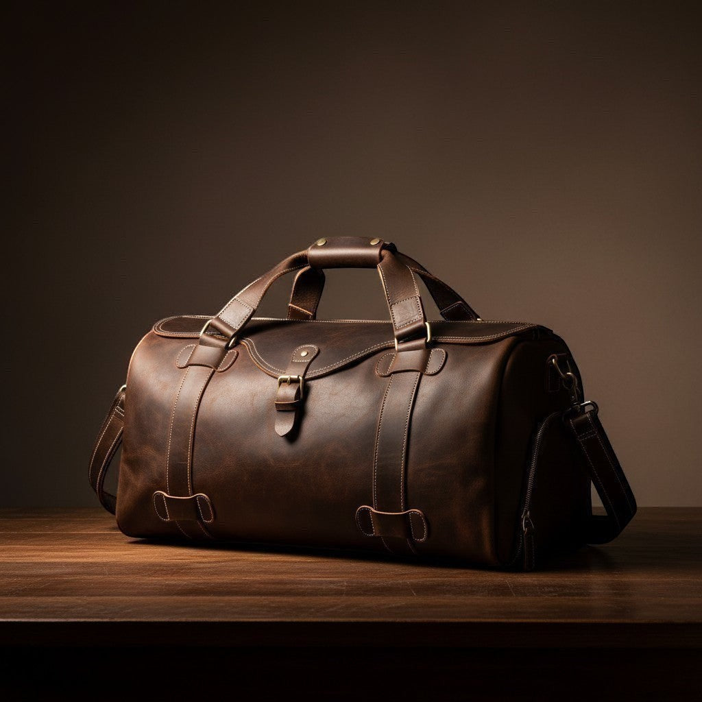 Barcon Getta Inc The Ledger Duffel, handmade brown full grain leather travel bag with shoe compartment.