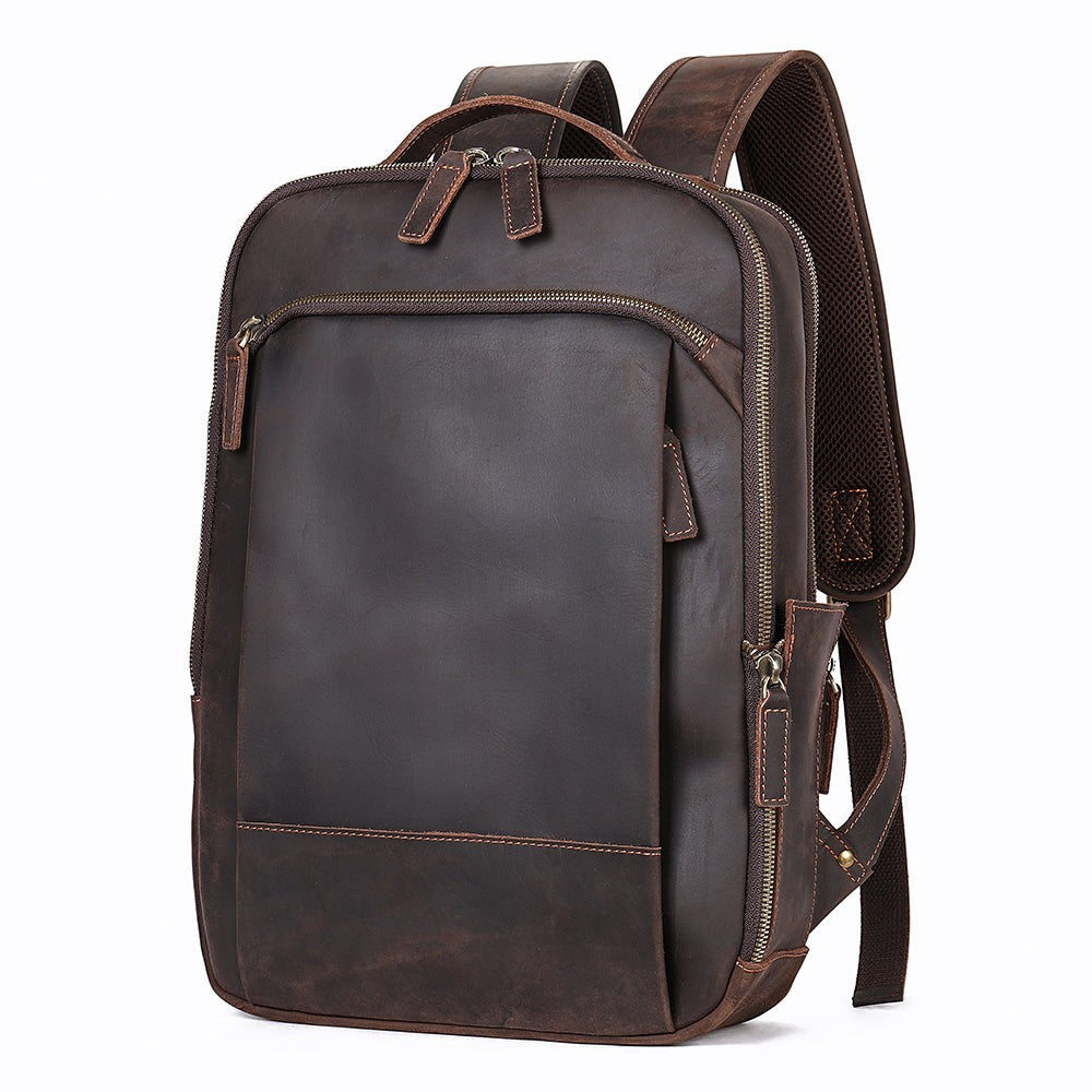 Barcon Getta Inc EQUIP distressed genuine leather backpack in dark brown with multiple exterior pockets and adjustable padded straps.