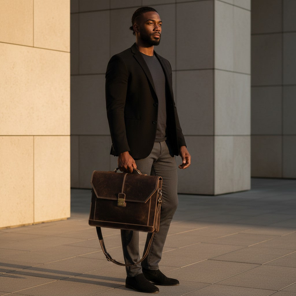 Barcon Getta Inc dark brown distressed leather briefcase with brass hardware and white stitching. Fits up to 16" laptop.