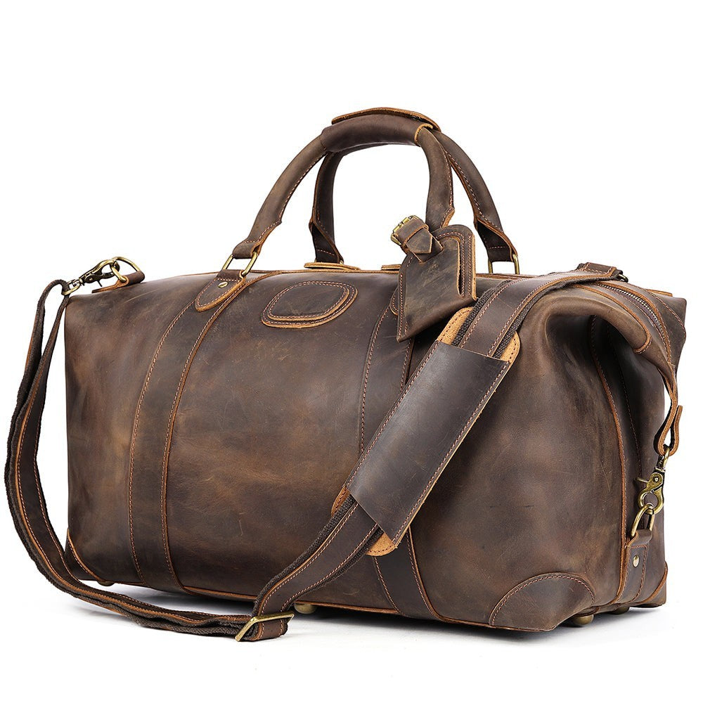 Barcon Getta Getaway Duffel Travel Bag – Dark Coffee Brown – Front Profile Full Grain Leather with Brass Hardware -
on a light gray background