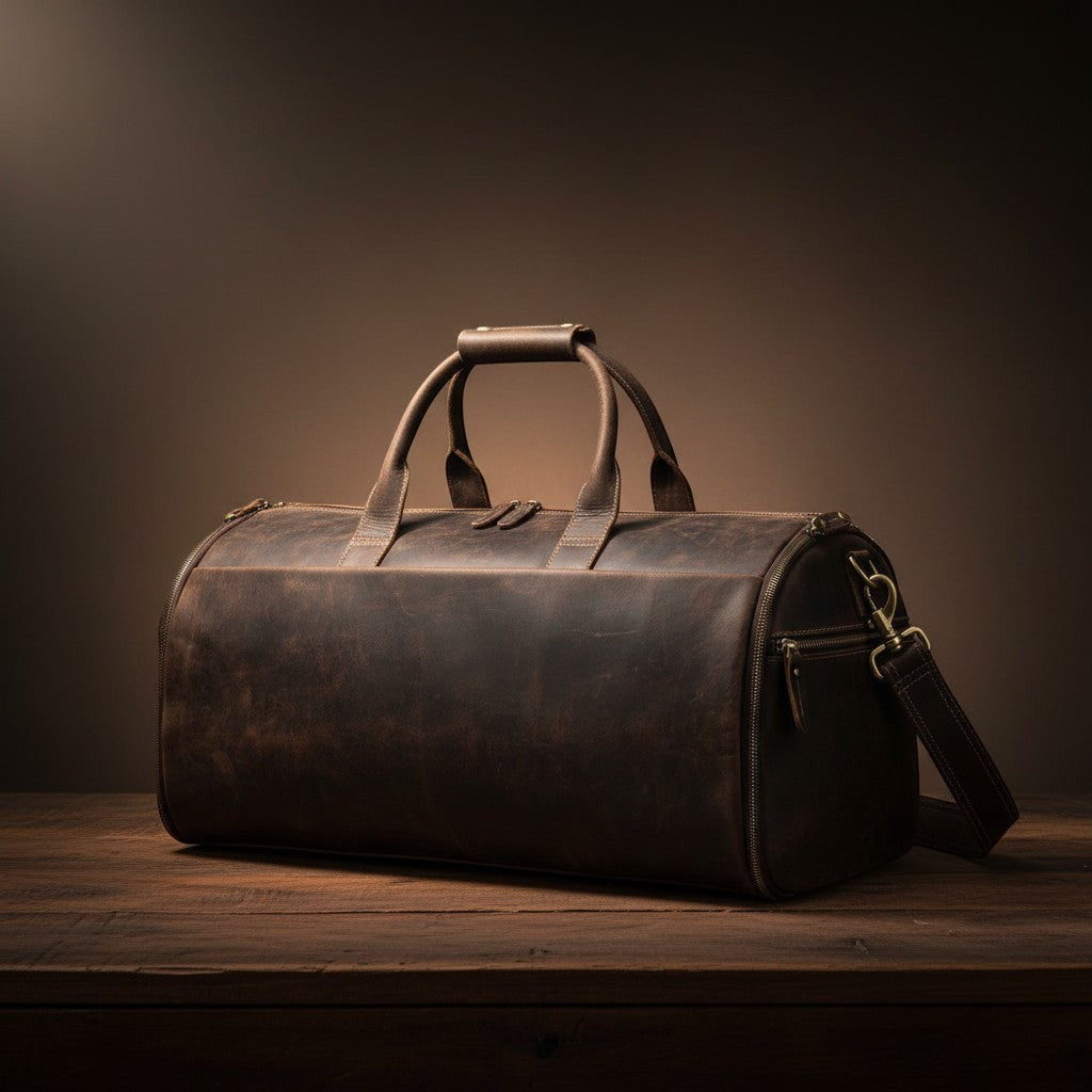 Barcon Getta Inc dark brown distressed leather duffel bag with top handles and shoulder strap.