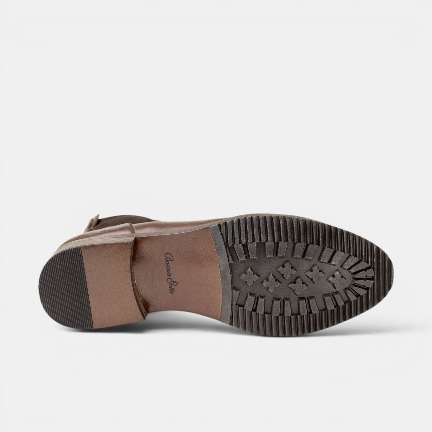Barcon Getta Inc DJIBOUTI brown leather ankle boots with back zipper and lug sole.