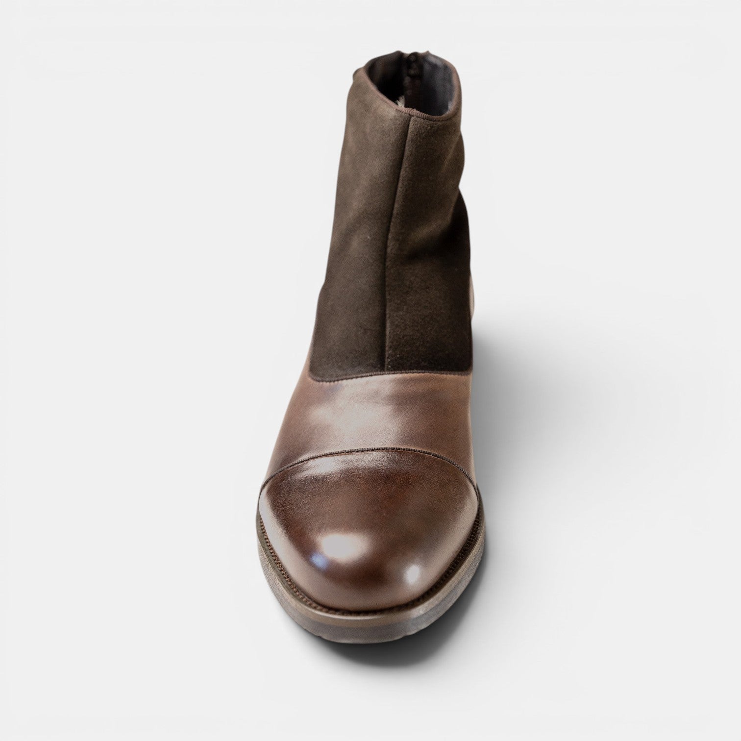 Barcon Getta Inc DJIBOUTI brown leather and suede ankle boots with back zipper and cap toe.