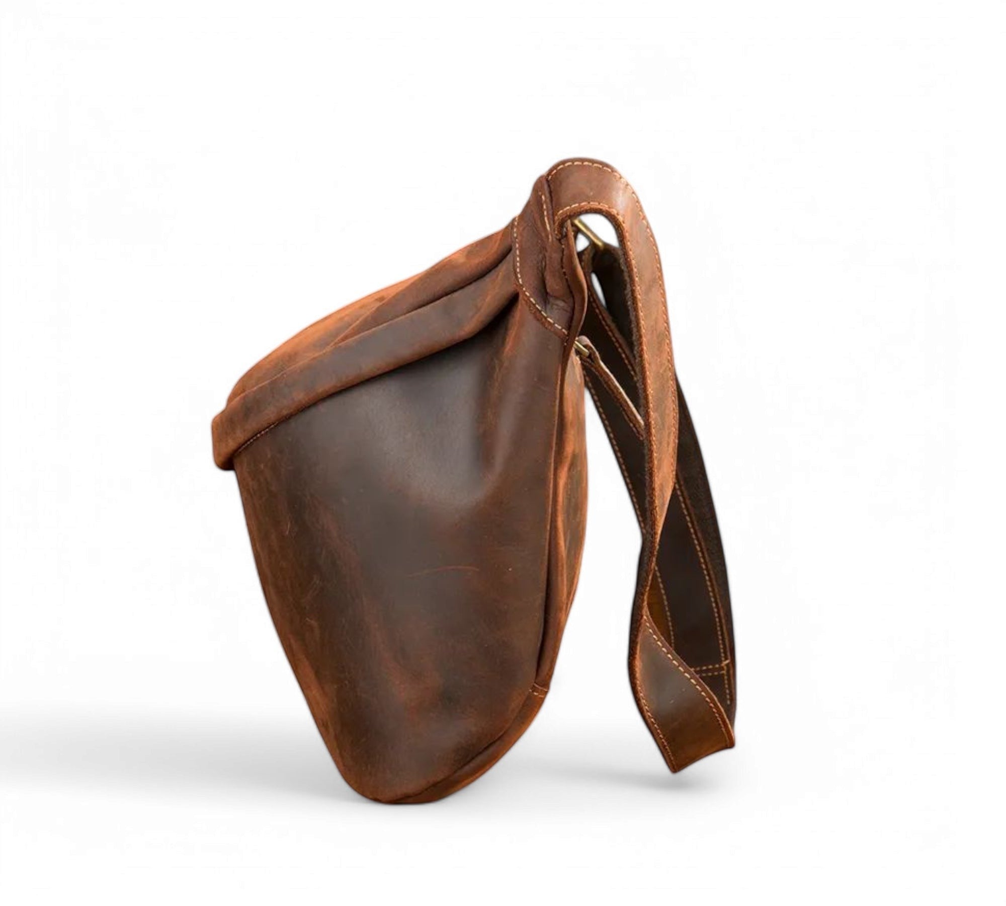 Barcon Getta Inc DRIFTWAY cross-body bag in distressed brown genuine leather with adjustable strap and multiple compartments.