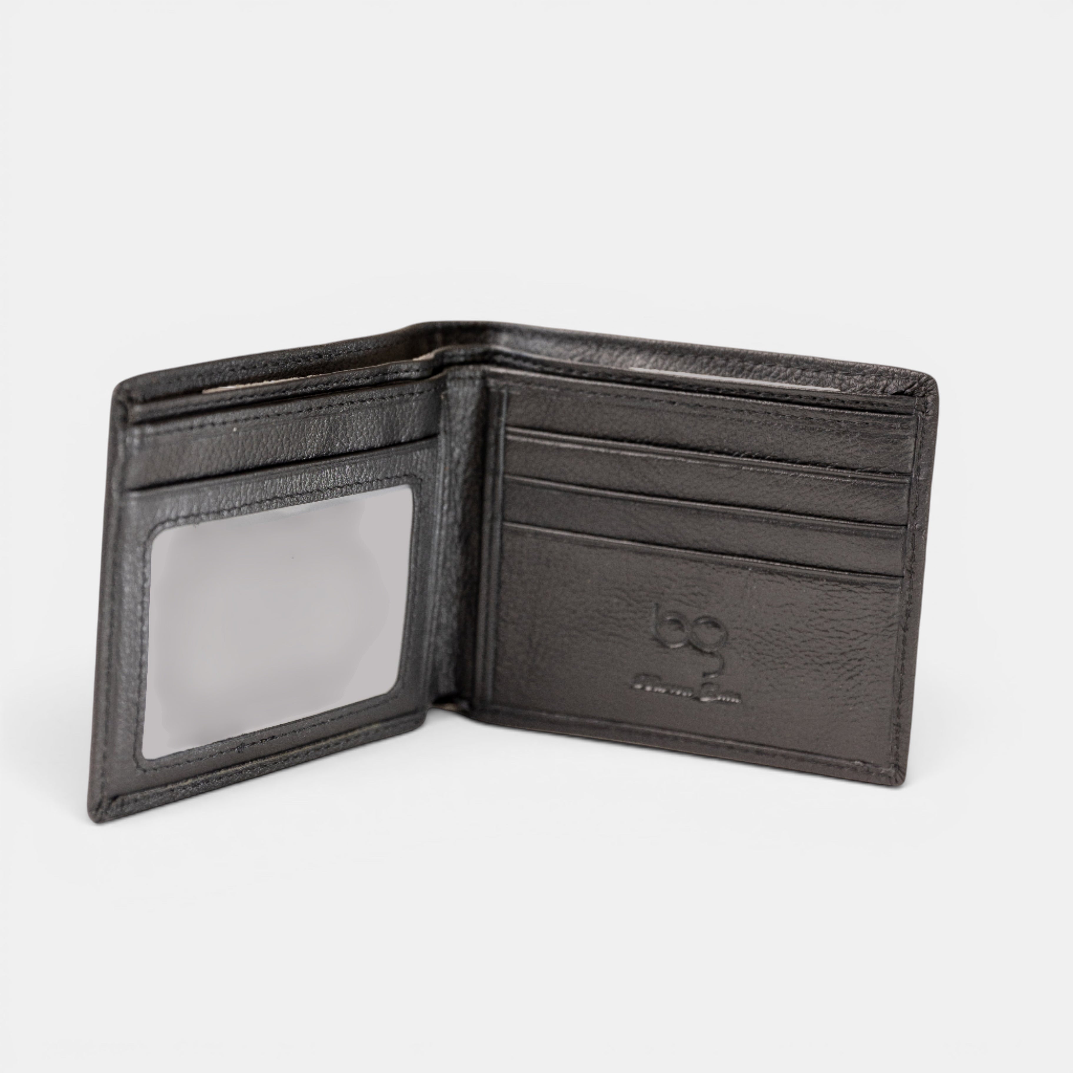 Barcon Getta Inc black embossed bifold wallet made from Ethiopian full grain calf leather with 3 card slots, 1 ID window, and 2 money slots.