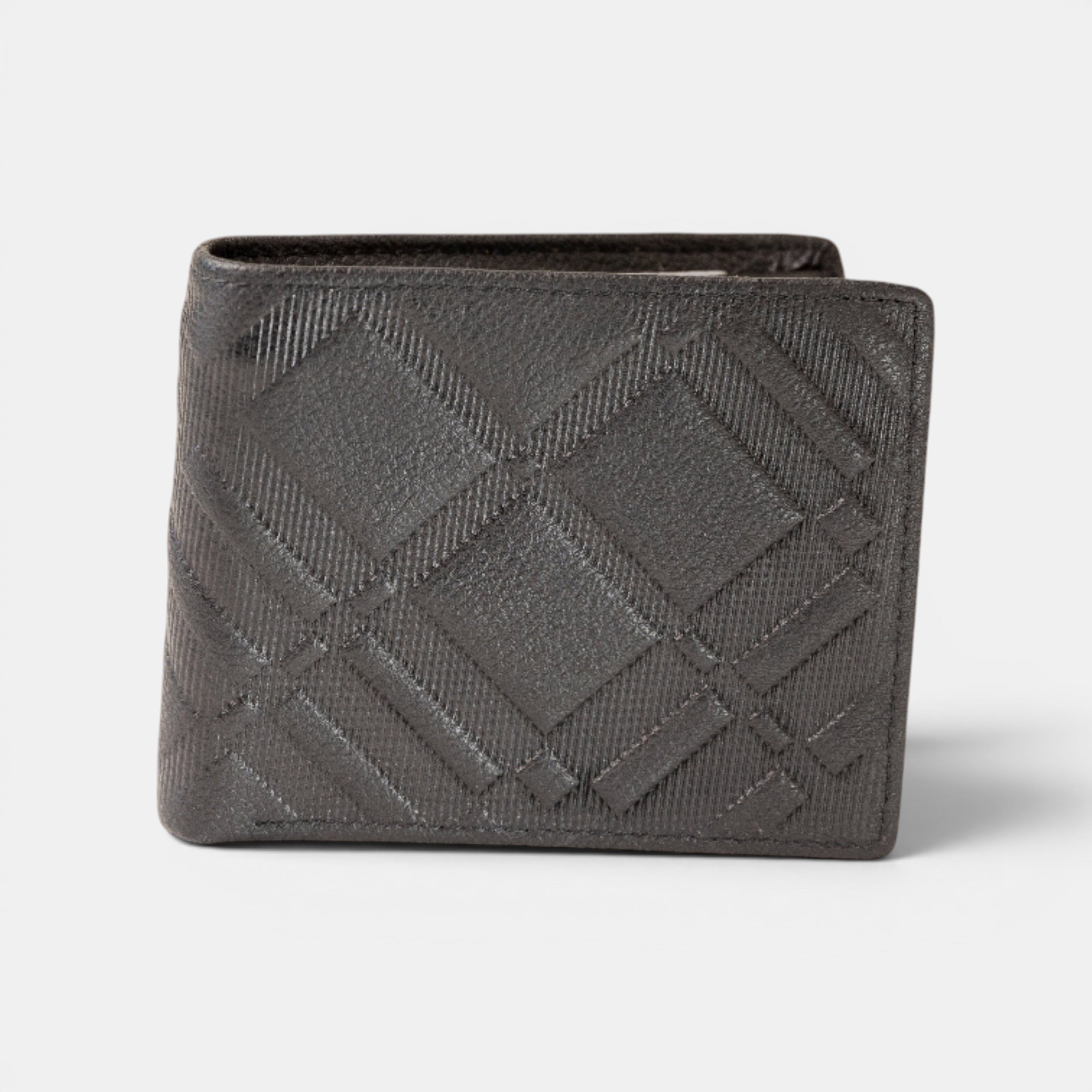 Barcon Getta Inc The Quorum bifold wallet in dark grey embossed leather with plaid pattern. Features 3 card slots, 1 ID window, and 2 money slots.