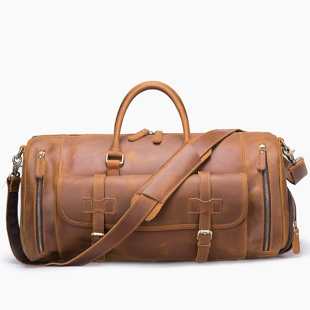 Barcon Getta Explorer Small Duffel Travel Bag – Brown – Front Profile Full Grain Leather with Brass Hardware -
on a light gray background
