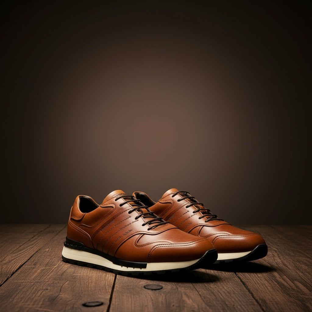 Barcon Getta Inc FREETOWN cognac tan leather casual sneakers with cap toe and chunky lug sole.