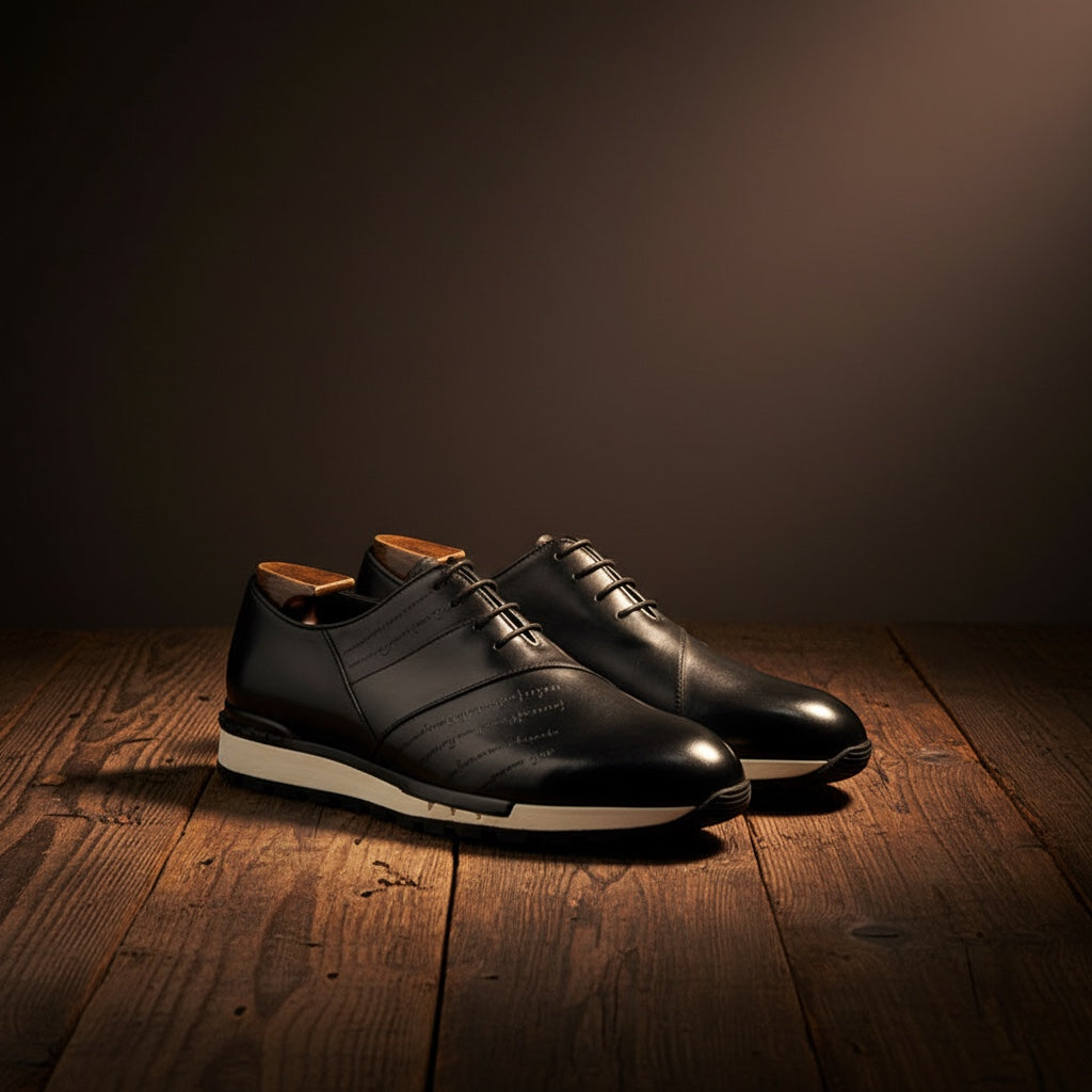 Barcon Getta Inc FREETOWN SHARP black full grain leather sneakers with white EVA midsole and lug sole.