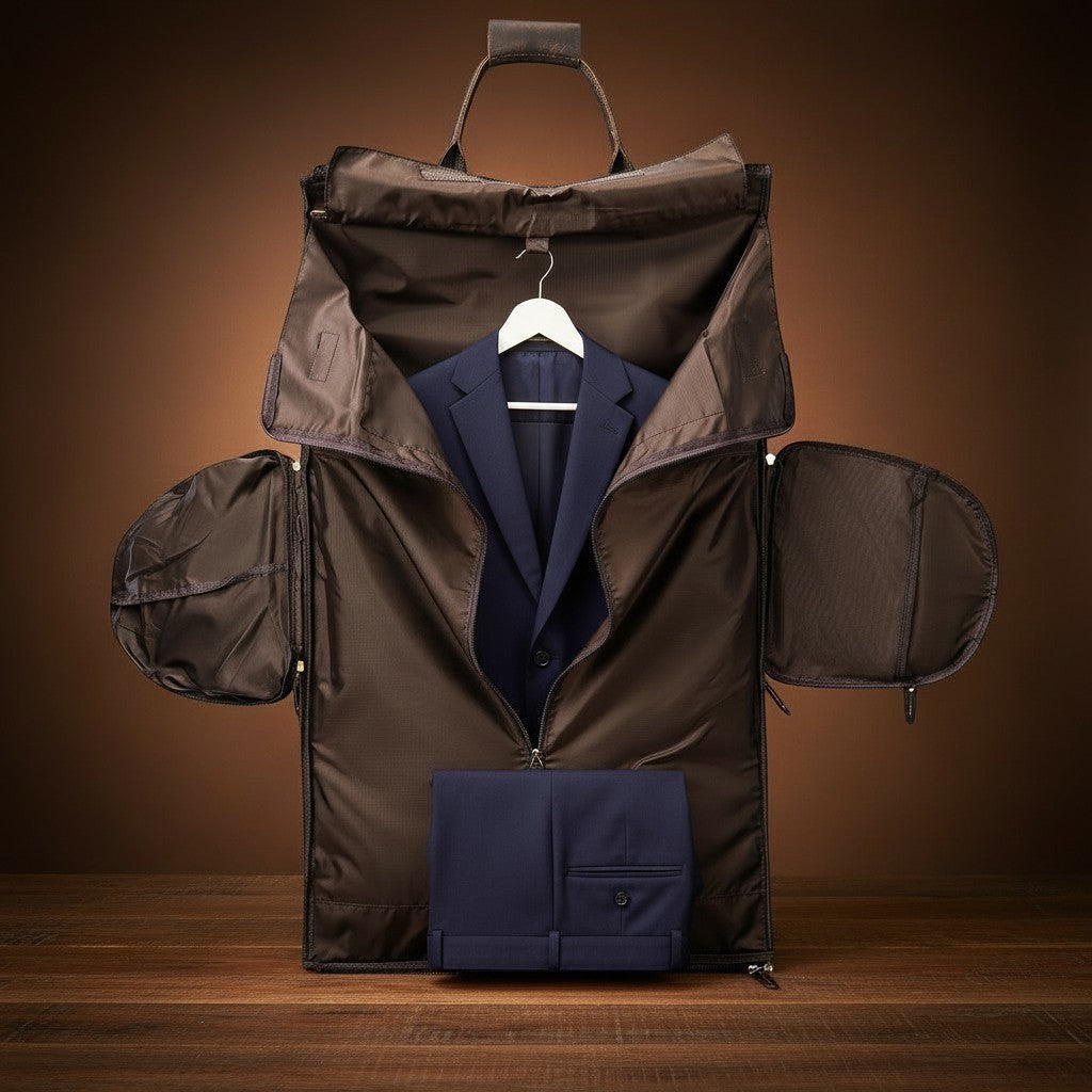 Barcon Getta Business Duffel Bag – Brown – Foldable Garment Carrier Interior View- with navy suit inside on a wooden surface and brown background