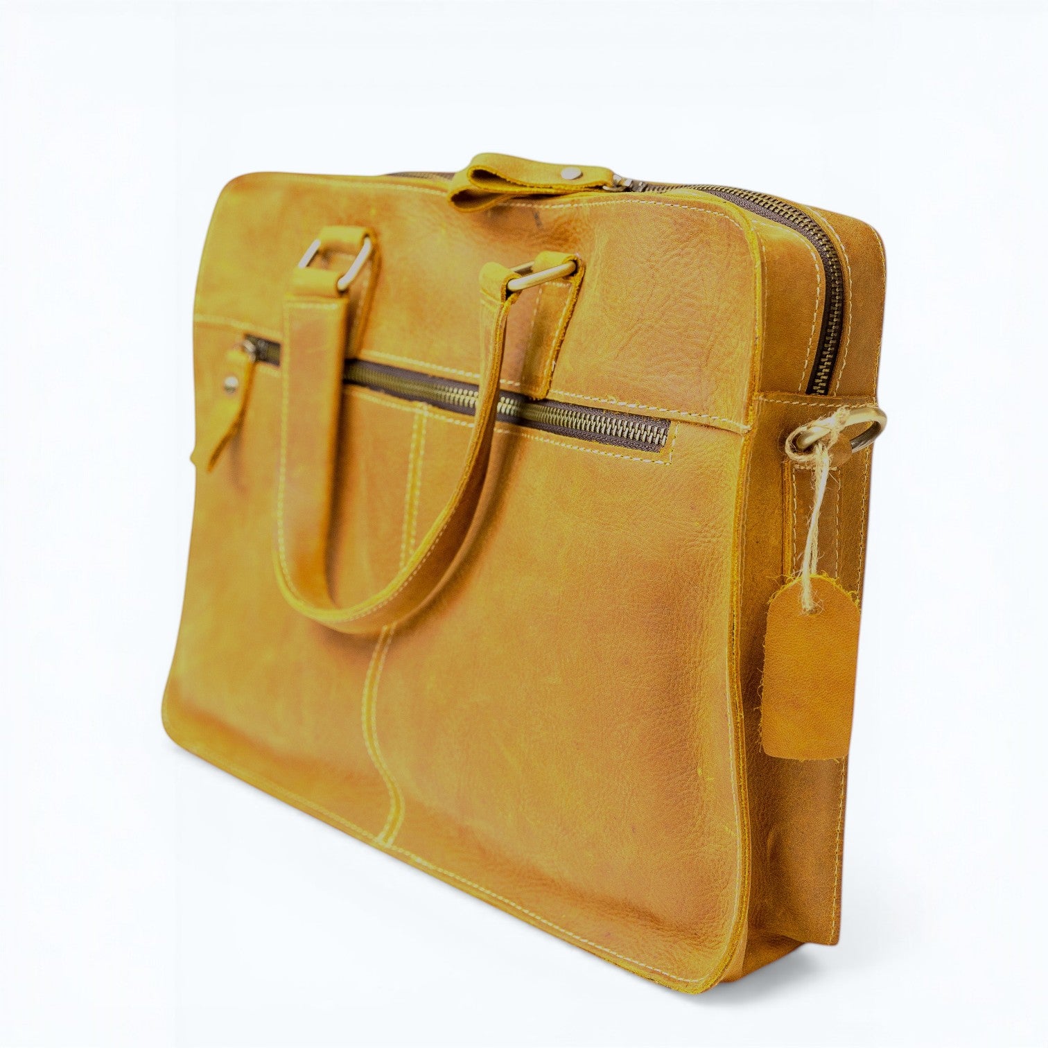 Barcon Getta Inc GEMEL yellow leather briefcase with multiple zipper pockets and top handles. Handmade Ethiopian camel skin.