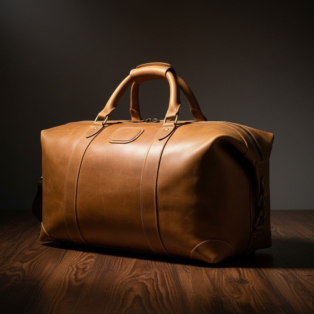 Barcon Getta Getaway Duffel travel Bag – Tan – East African Full Grain Leather Studio Shot