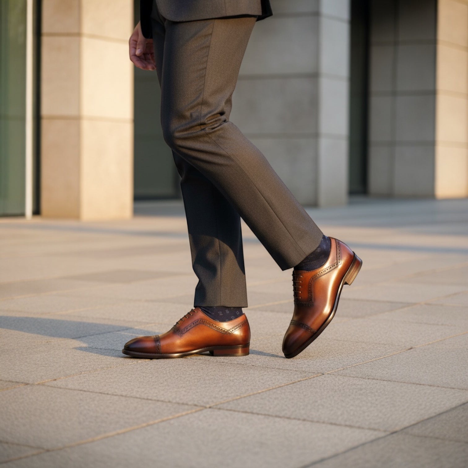 Barcon Getta Inc GITEGA brown full grain leather cap toe Oxford dress shoes with brogue detailing.