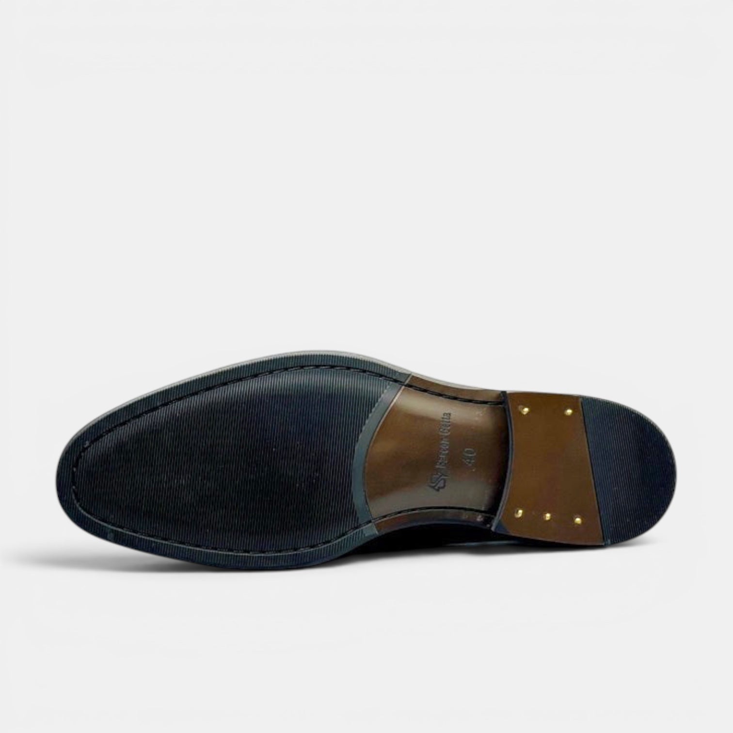 Barcon Getta Inc GITEGA Oxford dress shoes sole view. Black leather with brown heel and brass nails.