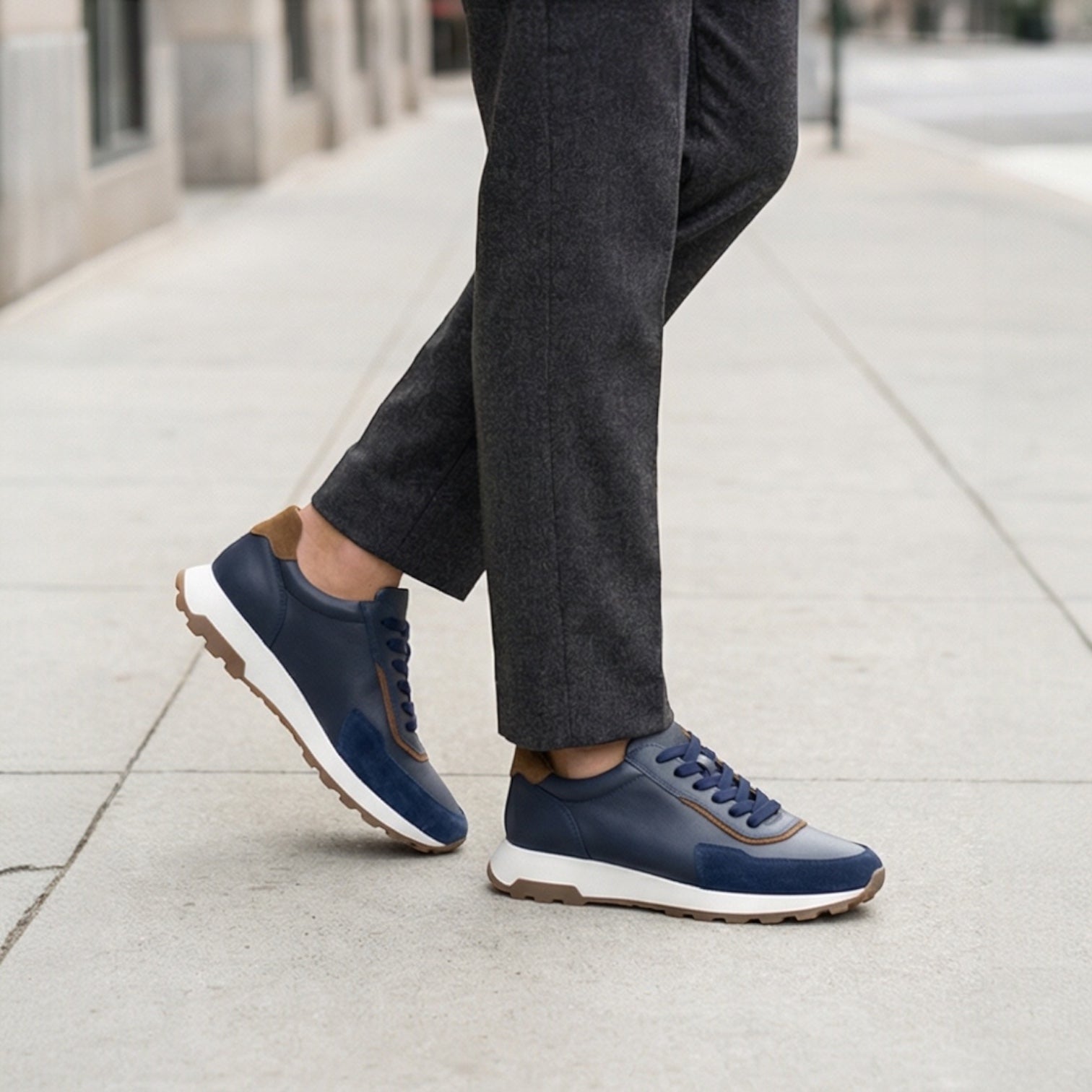 Barcon Getta Inc GUYA sneakers in dark navy leather with white and tan accents, gum sole.