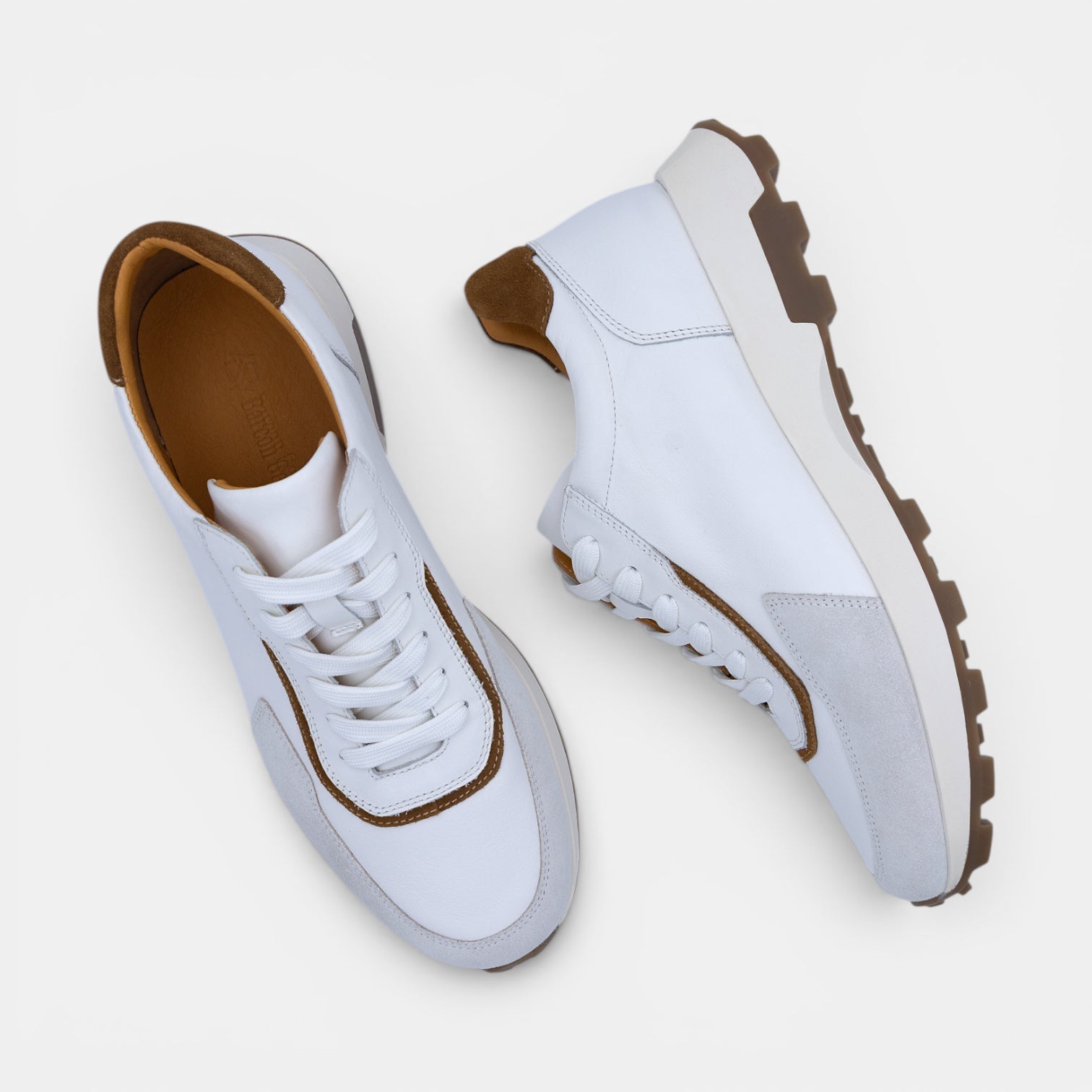 Barcon Getta Inc GUYA sneakers: white leather with tan and grey suede panels, round toe, lace-up, gum sole.