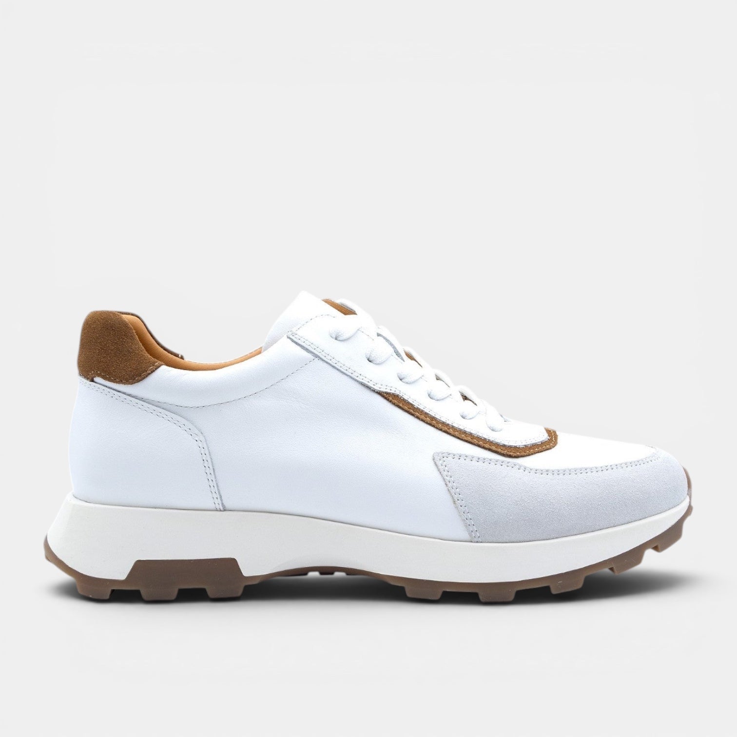 Barcon Getta Inc GUYA sneaker with white leather and suede, tan heel accent, and gum sole.