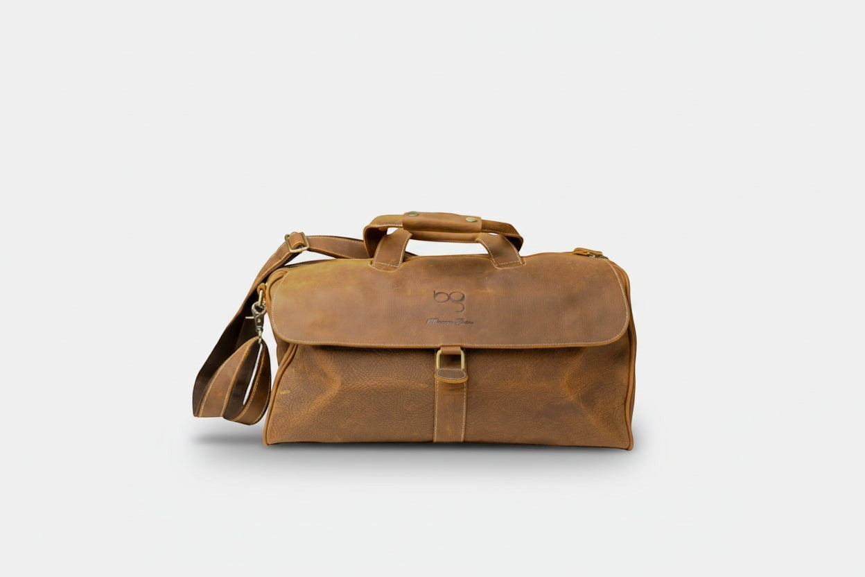 Barcon Getta Guzzo Duffel Bag – Brown – Front Profile Full Grain Leather with Brass Hardware -
on a light gray background