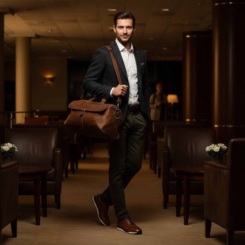 Barcon Getta Guzzo Duffel Travel Bag – Brown – Full Grain Leather Travel Bag - wearing Barcon Getta Freetown Casual brown sneaker -
Man in a suit holding a brown leather bag in a dimly lit room.