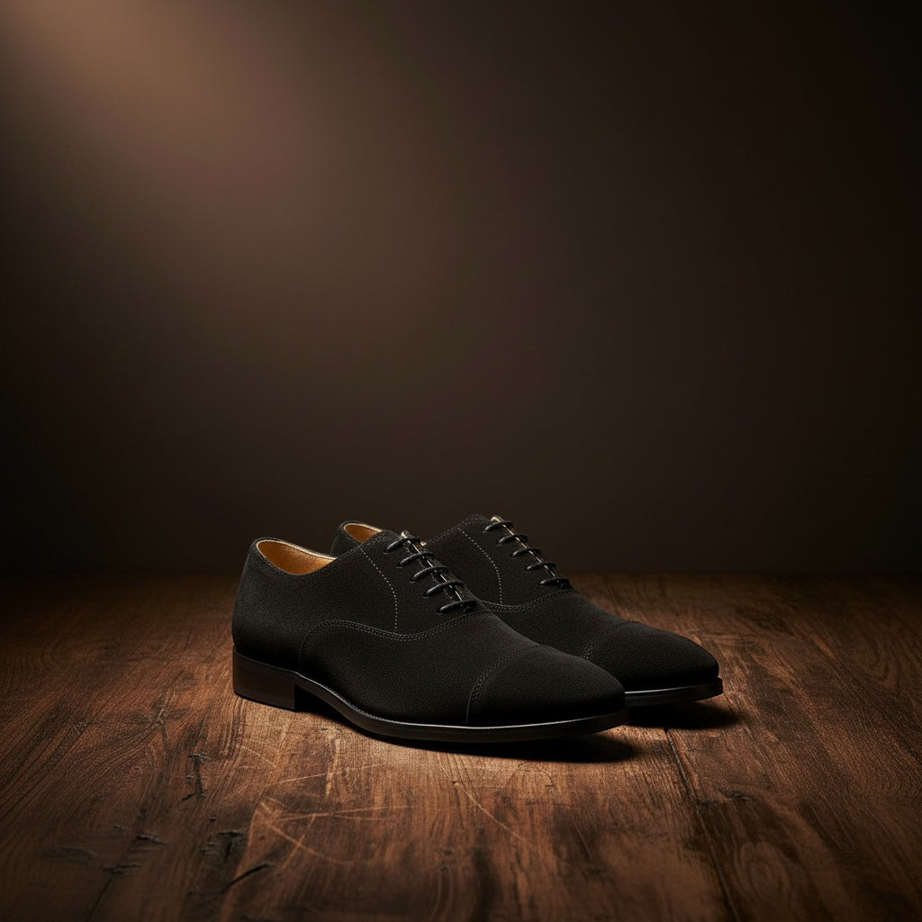 Barcon Getta Inc HAKIM cap toe Oxford dress shoes in black suede with closed lacing and mahogany sole.