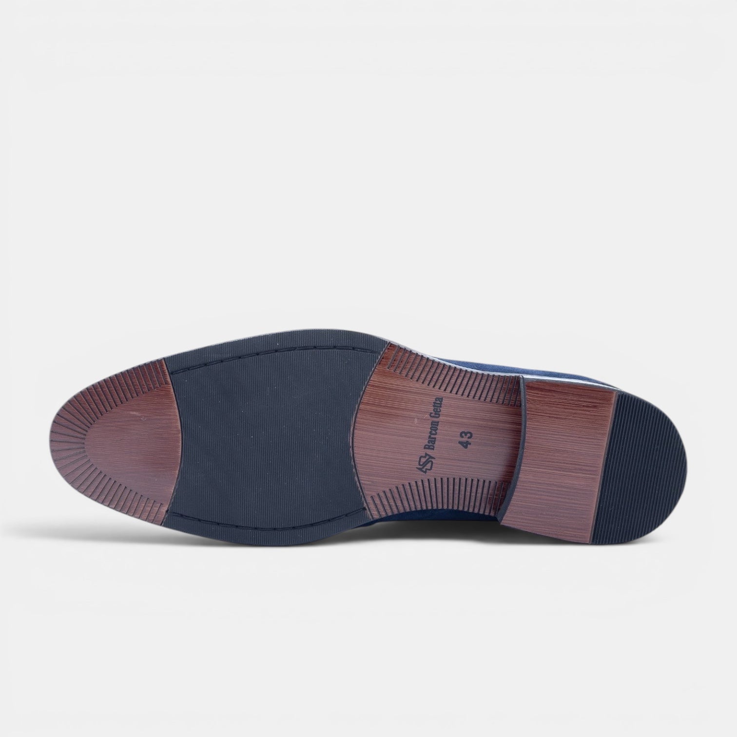 Barcon Getta Inc HAKIM navy suede Oxford dress shoe sole. Mahogany leather shank, rubber tread, size 43.