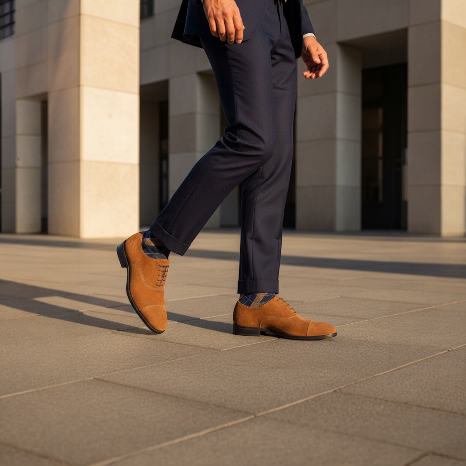 Barcon Getta Inc HAKIM warm tan cognac suede cap toe Oxford dress shoes with closed lacing and mahogany sole.