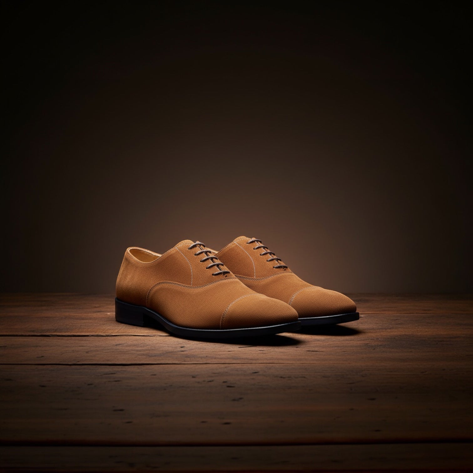 Barcon Getta Inc HAKIM warm tan cognac suede cap toe Oxford dress shoes with closed lacing and mahogany leather sole.