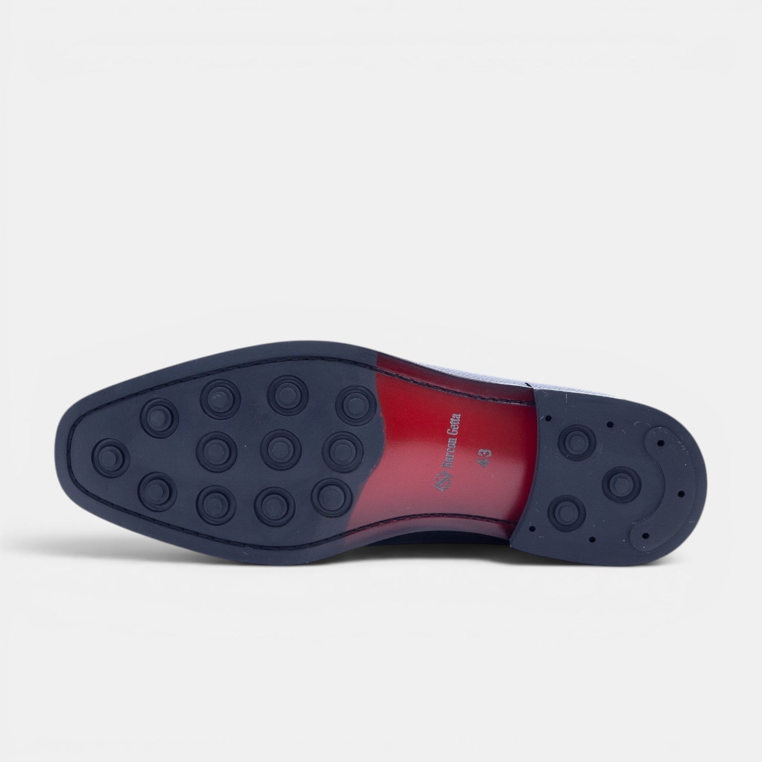 Barcon Getta Inc HAKURI Oxford dress shoes with red leather sole and navy rubber lug sole. Embossed Saffiano leather.