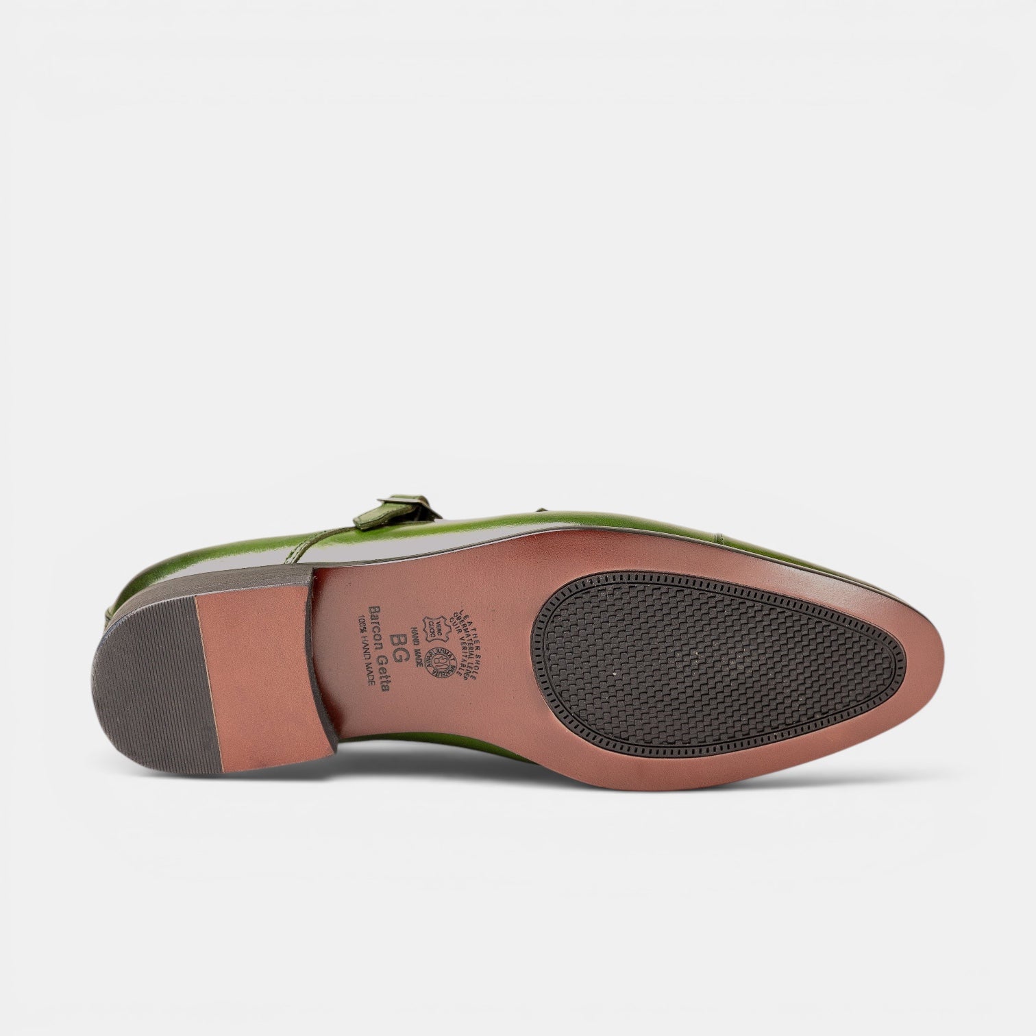 Barcon Getta Inc HARARE olive green leather double monk strap dress shoes with salmon terracotta sole.
