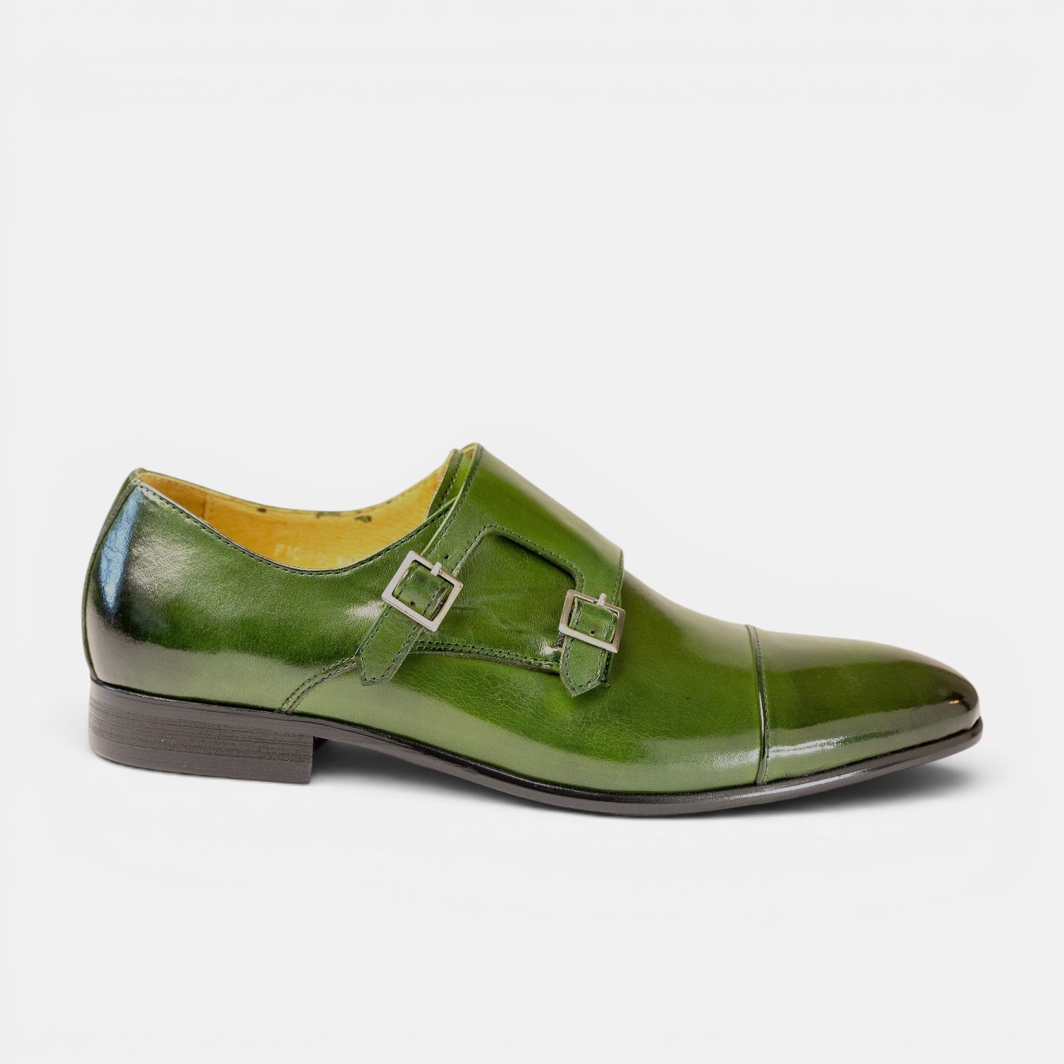 Barcon Getta Inc HARARE olive green full grain leather double monk strap dress shoes with silver buckles.