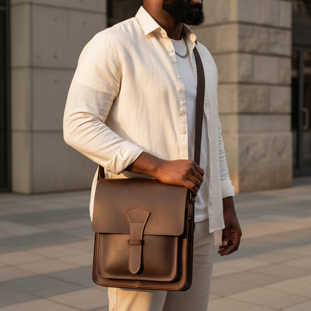 Barcon Getta Inc HARBORSIDE dark brown full grain leather shoulder bag with flap closure and adjustable strap.