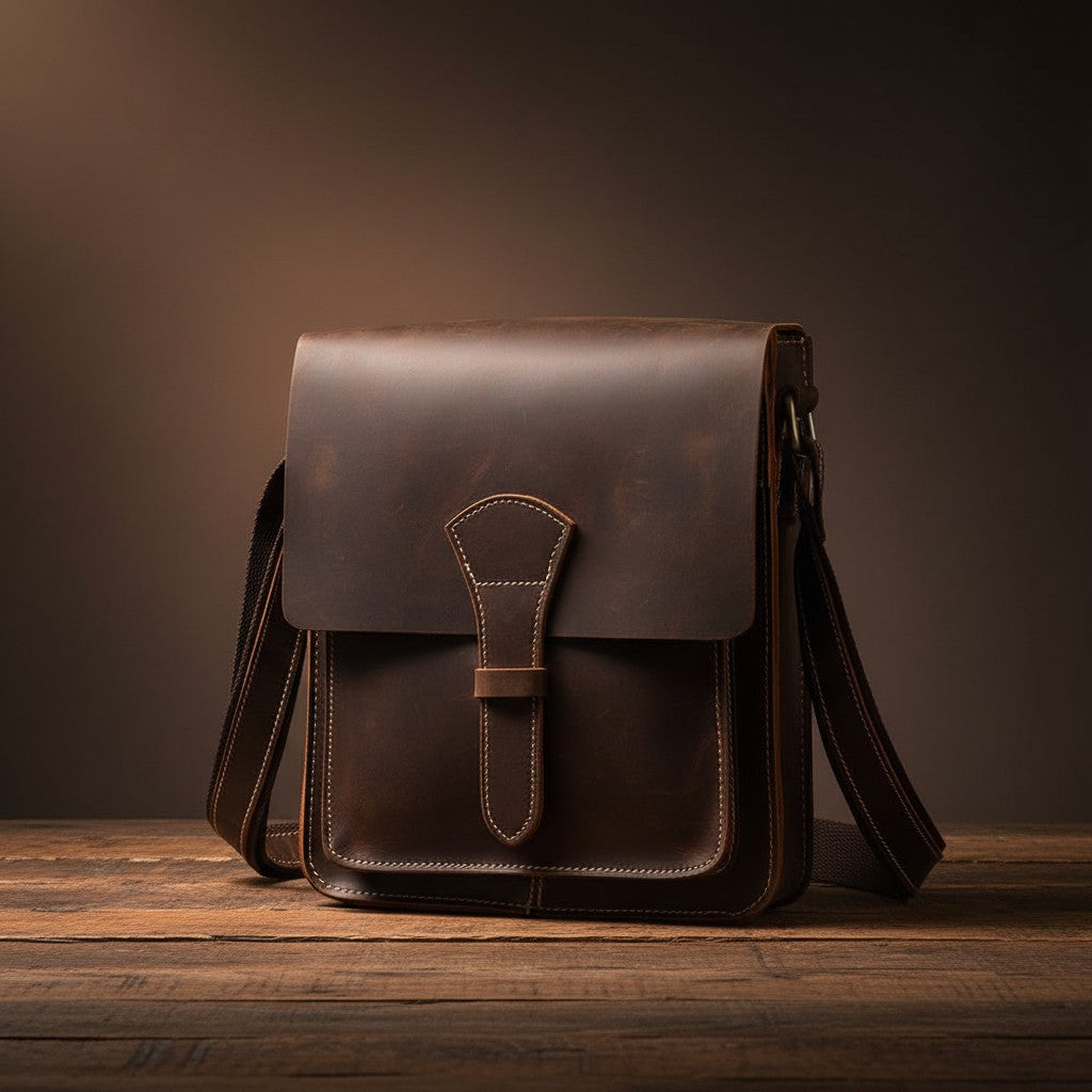 Barcon Getta Inc HARBORSIDE dark brown full grain leather shoulder bag with flap closure and adjustable strap.