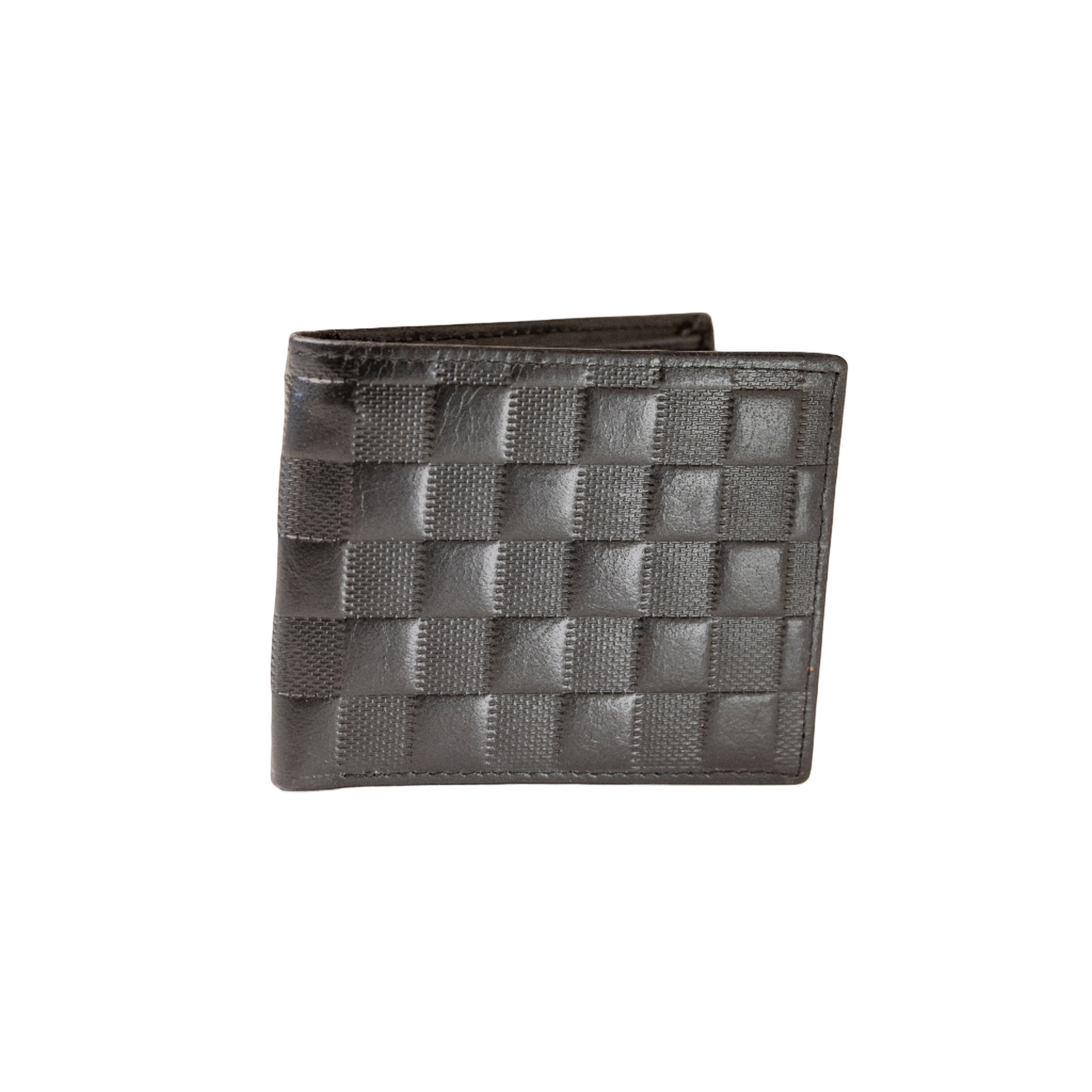 Barcon Getta Inc The Herald bifold wallet in black full grain Ethiopian leather with textured checkerboard pattern. Features 4 card slots, 1 ID window, and 2 money slots.