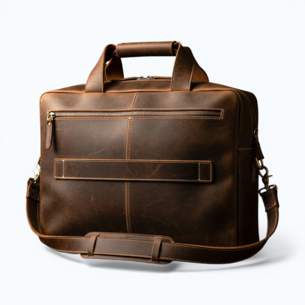 Barcon Getta Inc HERITAGE OFFICE dark brown distressed leather briefcase with multiple pockets and top handles.
