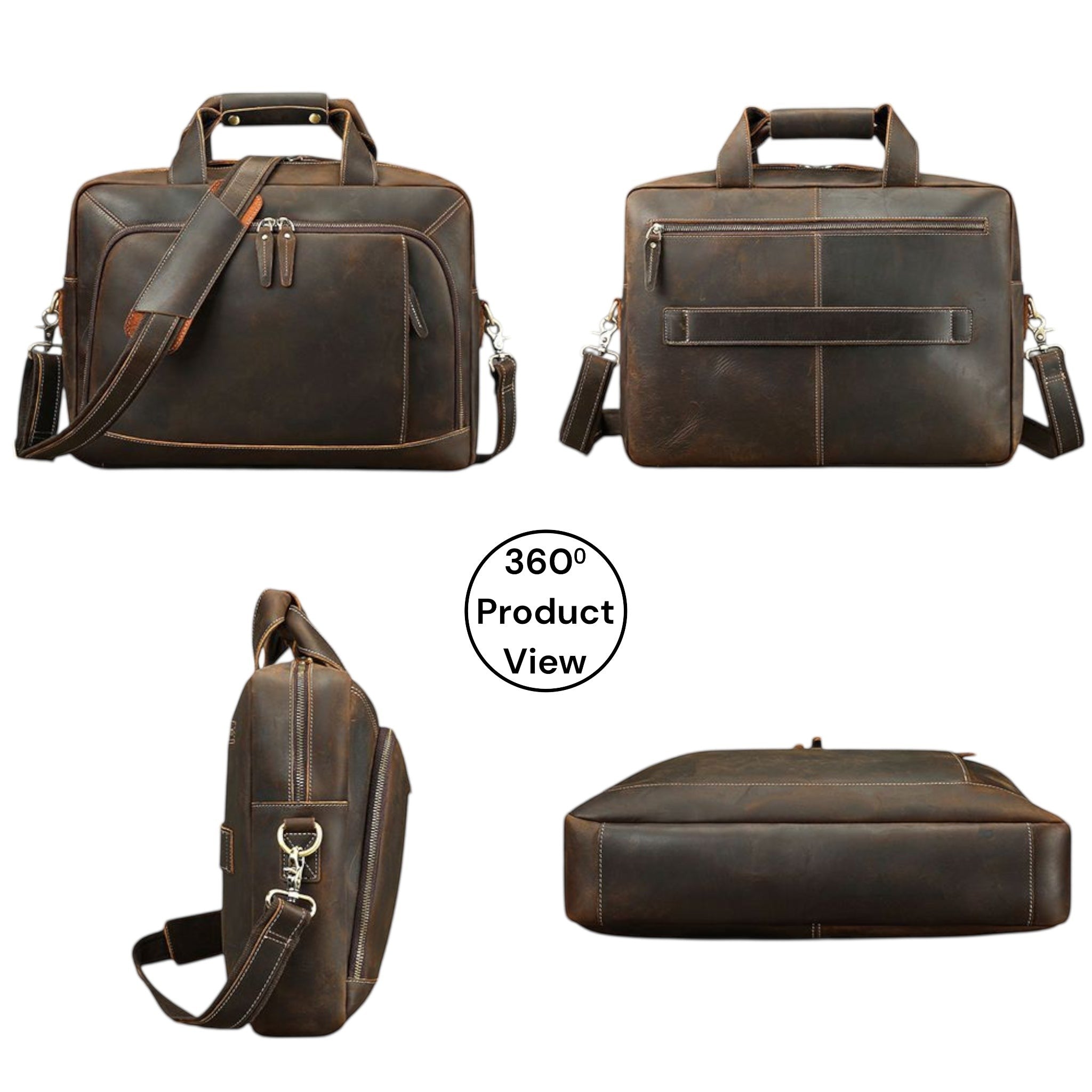 Barcon Getta Inc HERITAGE OFFICE dark brown distressed leather briefcase with multiple pockets and adjustable strap.