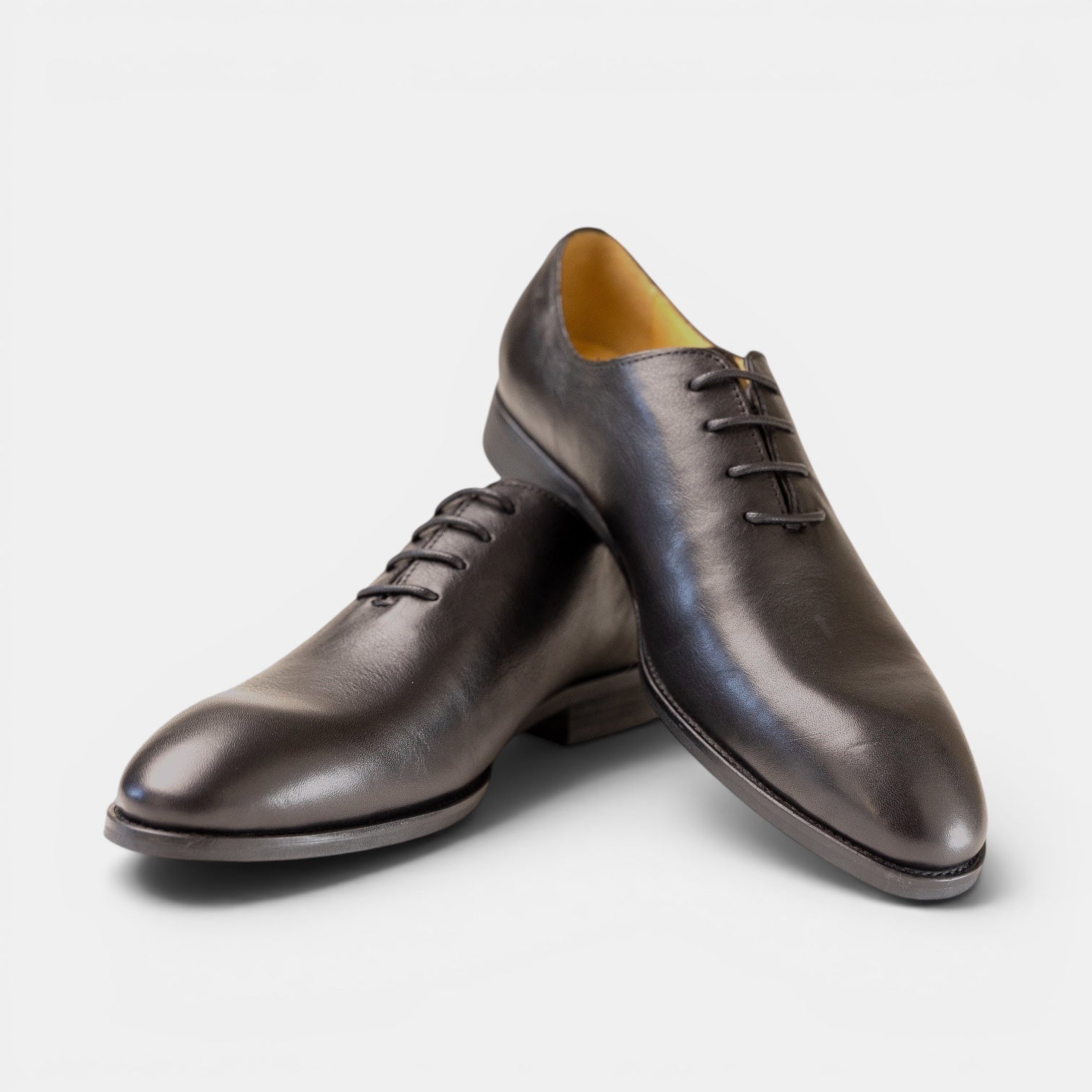 Barcon Getta Inc IFE whole-cut Oxford dress shoes in deep charcoal graphite full grain leather with a subtle blue-grey iridescence.