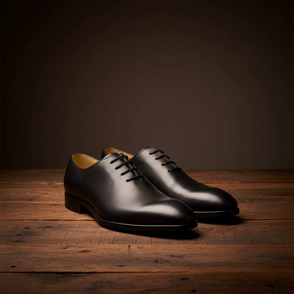 Barcon Getta Inc IFE whole-cut Oxford dress shoes in deep charcoal graphite full grain leather with a subtle blue-grey iridescence.