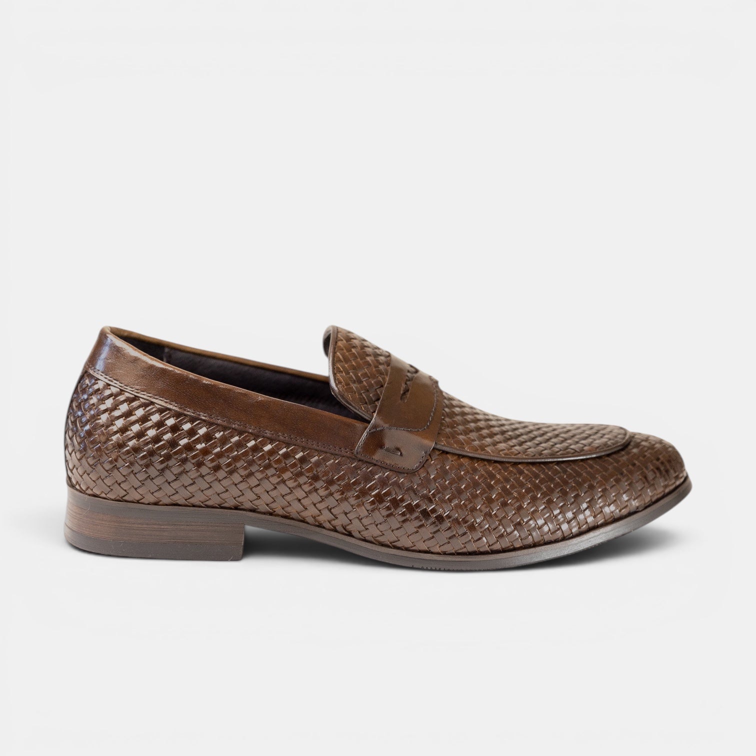 Barcon Getta Inc KEREN burnished tan hand-woven full-grain leather penny loafer with smooth leather strap.